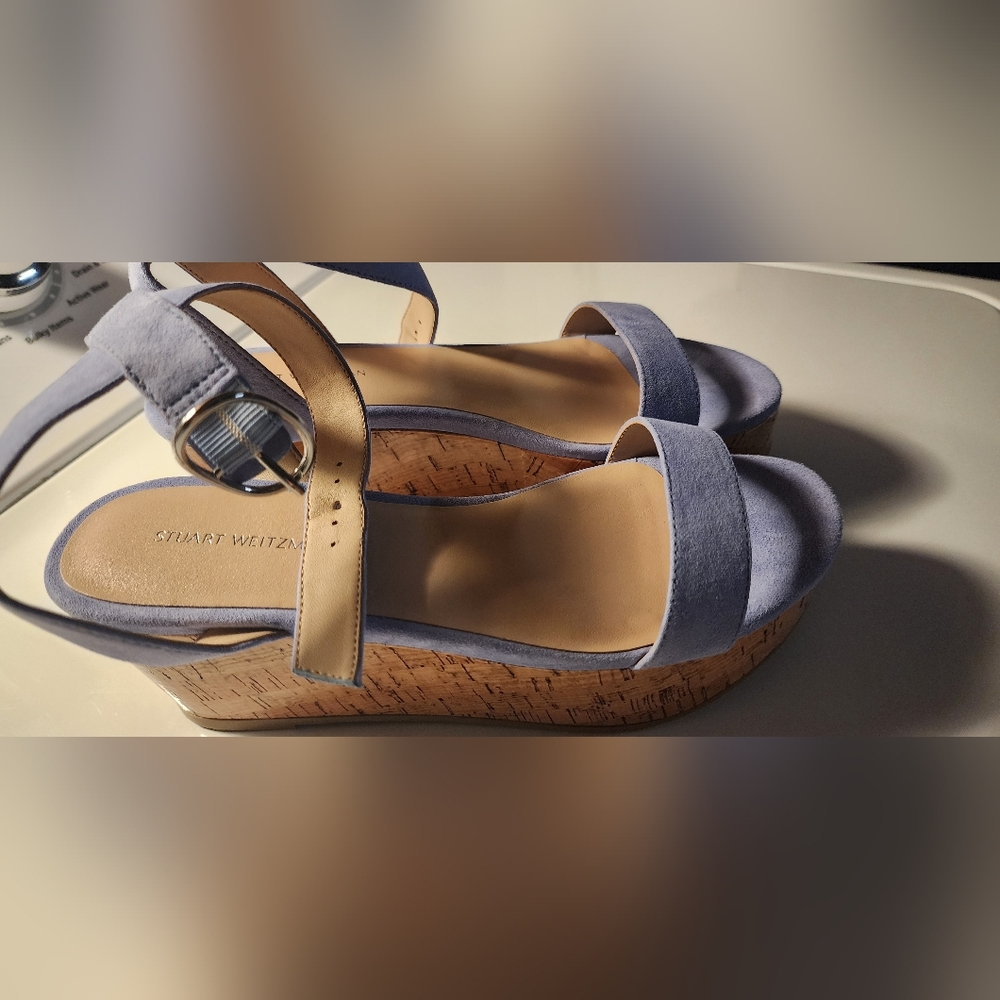 Stuart Weitzman Lavender and Tan Wedge Sandals